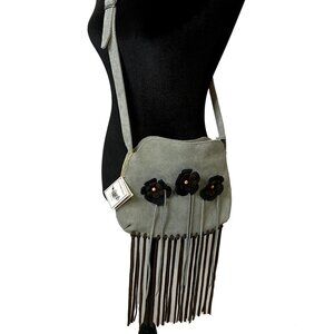 Cebras Suede Floral Fringed Boho Crossbody Bag Blue Gray Brown Boho Hippie Bag